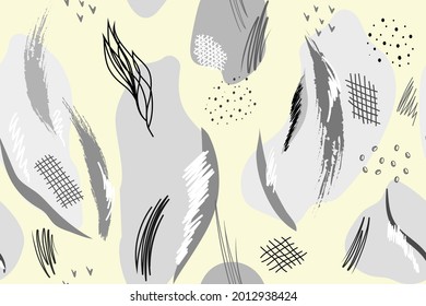 Patrón abstracto moderno dibujado a mano sin fisuras. Conjunto creativo en formas de escala de grises, trazos de pincel, trazos de lápiz, líneas, puntos. Plantilla de diseño para tela, papel, fondo.