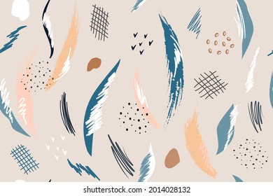 Hand drawn modern abstract seamless pattern. Creative set in colored  shapes, brush strokes, pencil strokes, lines, dots. Fashionable template for design fabric, paper, background.