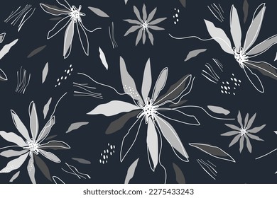 Hand drawn modern art floral seamless pattern. Flowers, petals, lines, dots. Fashion creative colorful print. Template for fabric design, banner, cover, wallpaper.