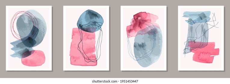 Hand drawn modern banners vector set. Watercolor splats patterns. 20s style frames. Stylish house decor layouts. Doodle elements.