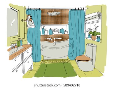 Hand drawn modern bathroom interior design. Vector colorful sketch illustration.
