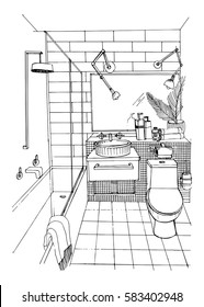 Hand drawn modern bathroom interior design. Vector sketch illustration.