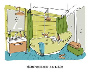 Hand drawn modern bathroom interior design. Vector colorful sketch illustration.