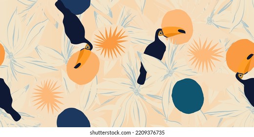 Hand drawn modern bohemian abstract floral pattern with toucan birds. Collage contemporary print. Fashionable template for design. 