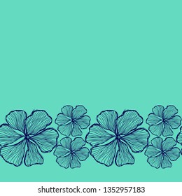 Hand drawn modern border - garden flovers blueprint line art. Vector seamless pattern, two color pattern tile, blue and turquoise background. 