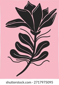 Dibujado a mano moderna hoja botánica y arte de flores sobre fondo rosa