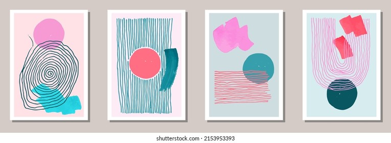 Colección vectorial de lienzo moderna dibujada a mano. Composición de salpicaduras de color de agua. Impresiones de estilo nórdico. Cómodos modelos de banner. Elementos resquebrajadores.