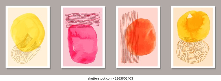 Tapas modernas dibujadas a mano para la colección vectorial. Patrones de manchas acuáticas. marcos de estilo japonés. Excelentes plantillas artísticas de portada. Elementos de trazo de pincel.