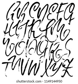 Hand drawn modern dry brush lettering. Grunge style alphabet. Handwritten font. Vector illustration.
