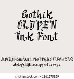Hand drawn modern dry brush lettering. Gothic style alphabet. Grunge handwritten font. Vector illustration.