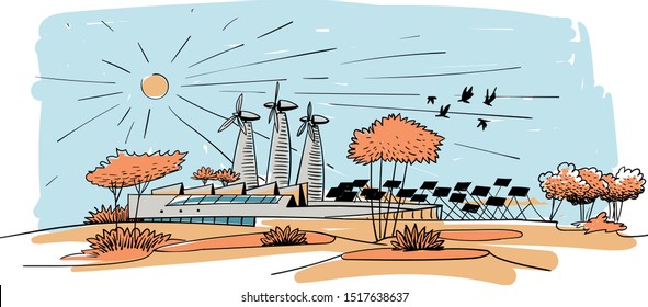 Hand drawn modern factory tree, bird, sun.