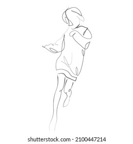 Hand drawn modern fashion illustration of abstract young woman wearing wearing casual youth clothing and running, quick sketch, vector illustration. Girl's outdoor portrait. 