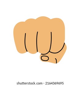 Hand drawn modern flat style vector illustration of human fist, hand gesture isolated on white background. Design boxing, kick, punch, strength concept for logo, emblem, sign, poster. 