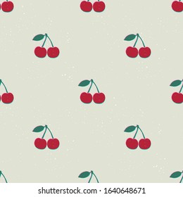 Hand drawn modern illustration with cherry. Vintage trendy vector seamless pattern in vibrant colors. Retro, pin-up repeating texture.