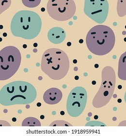 Hand drawn modern illustration with emoji  faces, various shapes and doodle objects. Abstract  trendy vector seamless pattern. Contemporary hand drawn vector illustration. Minimalistic  concept