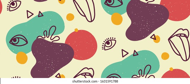 Hand drawn modern illustration with fashionable lips with tongue and eye, various shapes and doodle objects. Abstract modern trendy vector seamless pattern. Retro, pin-up repeating texture. 