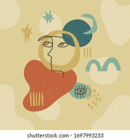 Hand drawn modern illustration with fashionable abstract various shapes and eye, doodle objects. Abstract modern trendy vector card. Retro, pin-up. 