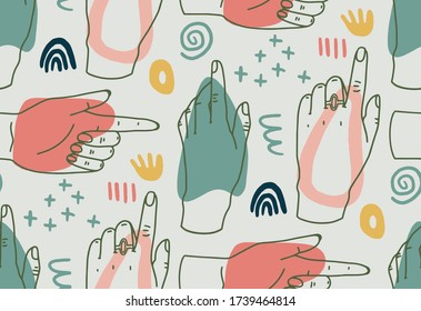 Hand drawn modern illustration with line hands, various shapes, and doodle objects. Abstract modern trendy vector seamless pattern. Retro, pin-up repeating texture. 