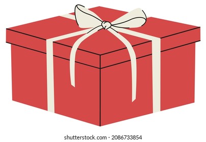 Hand drawn modern illustration of red gift box with white bow. Christmas birthday holiday present. Flat vector sticker or icon in simple colored doodle style. Isolated on white background.