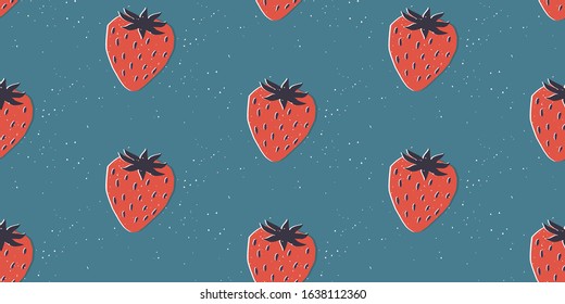 Hand drawn modern illustration with strawberry. Vintage trendy vector seamless pattern in vibrant colors. Retro, pin-up repeating texture.