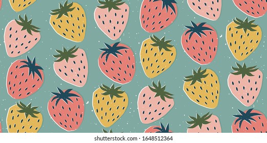 Hand drawn modern illustration with strawberry. Vintage trendy vector seamless pattern in vibrant colors. Retro, pin-up repeating texture.