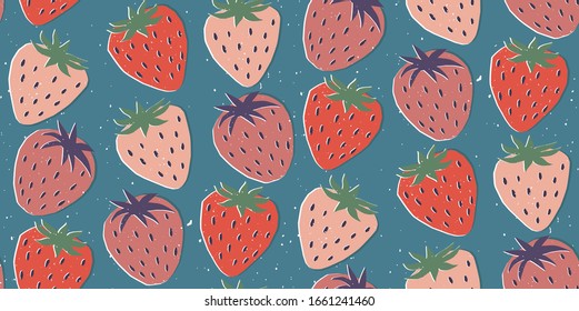 Hand drawn modern illustration with strawberry. Vintage trendy vector seamless pattern in vibrant colors. Retro, pin-up repeating texture.