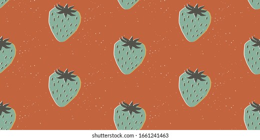 Hand drawn modern illustration with strawberry. Vintage trendy vector seamless pattern in vibrant colors. Retro, pin-up repeating texture.