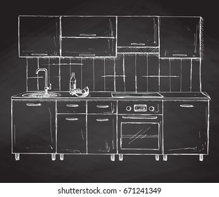 Hand drawn modern kitchen furniture. Vector illustration in sketch style