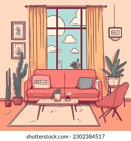 Hand Drawn Modern Living Room Design Interior Concept Vector Illustration