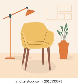 Handgezeichnet von modernen minimalisalistisch Innern bequembequem Stuhl Möbel mit Lampen und Pflanzen Vektorstock