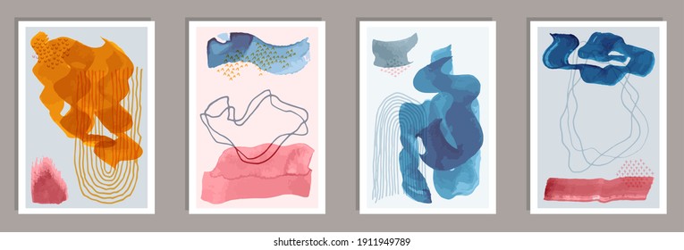 Hand drawn modern postcards vector set. Watercolor blots shapes. Scandinavian style prints. Stylish artistic cover templates. Doodle elements.