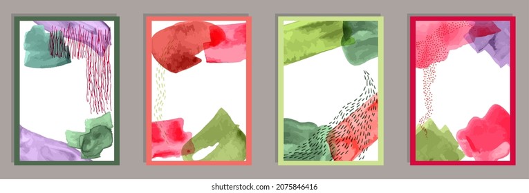 Juego de vectores de postales modernos dibujados a mano. Fondo de manchas acuáticas. Diseño de estilo chino. Diseño artístico elegante. Elementos de trazo de pincel.