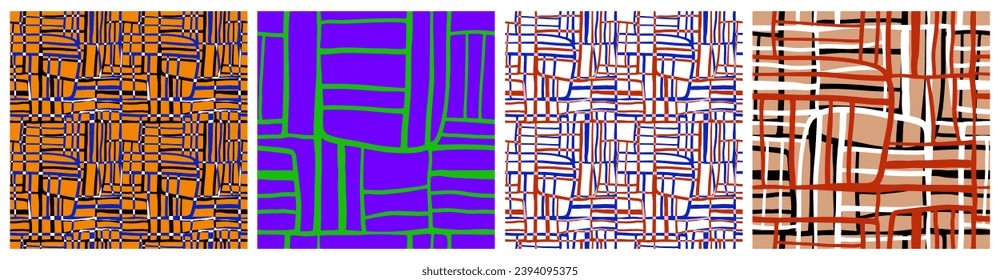 Patrones de vectores modernos y sin soldadura. Resumen Cuadrícula caótica y rayas aisladas en un fondo naranja, violeta, blanco y beige. Simple Impresión Geométrica Irregular Sin Fin. RGB.