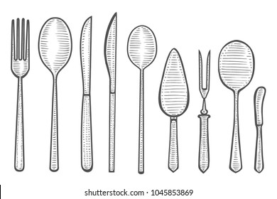 Hand drawn modern spoon, fork and knife. Engraved style vector illustration. Elements for your design works.