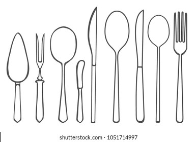 Hand drawn modern spoon, fork and knife. Sketch style vector illustration. Elements for your design works.