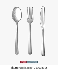 Hand drawn modern spoon, fork and knife. Engraved style vector illustration. Elements for your design works.