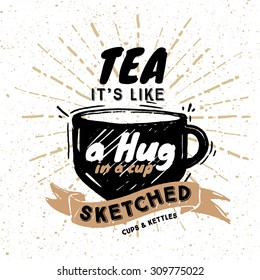 Hand drawn modern tea ceremony sketched elements. Vector illustration. Cups and kettles
