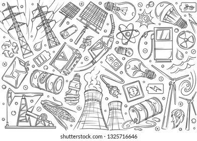 Hand drawn modern technologies and innovations. Concept of renewable energy, electricity, gas station, nuclear power doodle set background