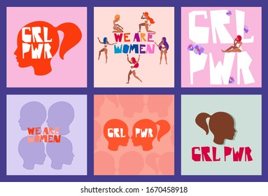 Handgezeichnete moderne Vektorillustration-Banner, Grußkartenvorlagen und Faltblätter. Girl Power und Körper positive konzeptionelle Illustration. Frauenkopf und Haarsilhouette. Blumenelemente und handschriftliche Briefe.