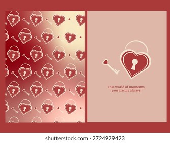 Handgezeichnete moderne Vektorgrafik von Valentinsherz Medaillon mit Schlüssel als Muster, Poster, Banner, Social Media