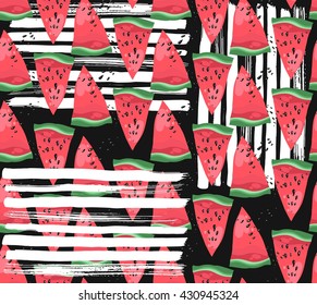 Hand drawn modern vector watermelon pattern with white ink textured strokes on black background.Fabric watermelon pattern. Textile watermelon pattern. Trendy watermelon pattern.Summer illustration.