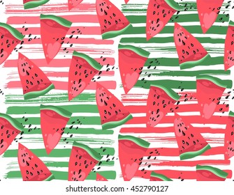 Hand drawn modern vector watermelon pattern with red and green textured ink brush strokes on white background