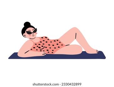 Hand drawn modern woman in a swimsuit sunbathing on the beach, isolated vector illustration in doodle flat style