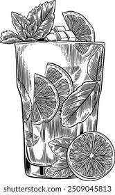 Hand drawn Mojito Cocktail Drink Sketch Illustration Engraving Woodcut Style