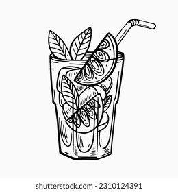 Hand drawn mojito cocktail in glass with ice cubes, lime slice and mint. Black color line art flat vector illustration. Object isolated on white background.