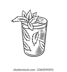 Hand drawn Mojito cocktail line art style. Sketch art vector illustration. Design flat for menu bar. Isolated on white background.