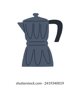 Hand drawn moka pot, cartoon flat vector illustration isolated on white background. Cute traditional coffee making tool. Espresso pot, kitchen equipment.