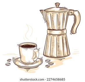 Handgezogener Moka-Topf und Kaffeetasse