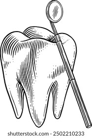 Hand drawn Molar Tooth with Dental Inspection Mirror Sketch Illustration