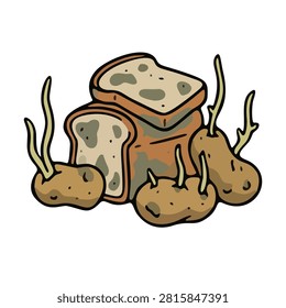Hand drawn moldy sliced bread and sprouted potatoes doodle for food spoilage educational graphic
